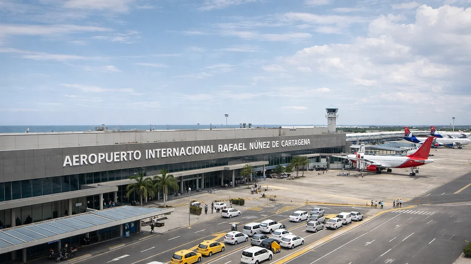 Vista aérea del Aeropuerto Internacional Rafael Núñez en Cartagena con obras de ampliación en curso, reflejando el proceso de modernización de la terminal aérea.